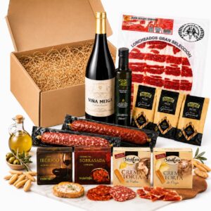 AF Gift Basket for Men with Spanish Specialities, Gift Basket, Filled Delicatessen from Spain, Wine 75 cl, Spanish Salami, Cheese, Spreads, Birthday, Christmas Gift