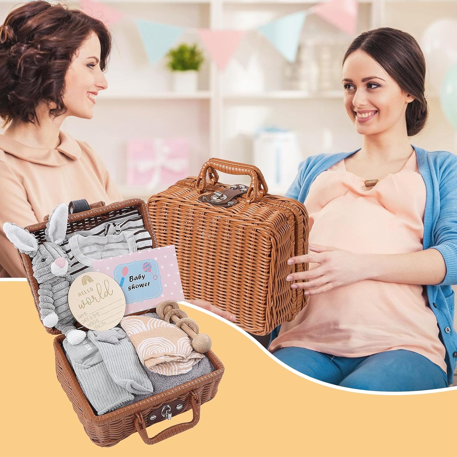 Gift Basket for Newborns: 9-in-1 Gift Set Birth, Shower Gift with Triangular Cloths, Baskets, Birth Cards, Greeting Cards, Socks, Plush Toys, Clothes, Blankets, Wooden Rattle – Bild 7