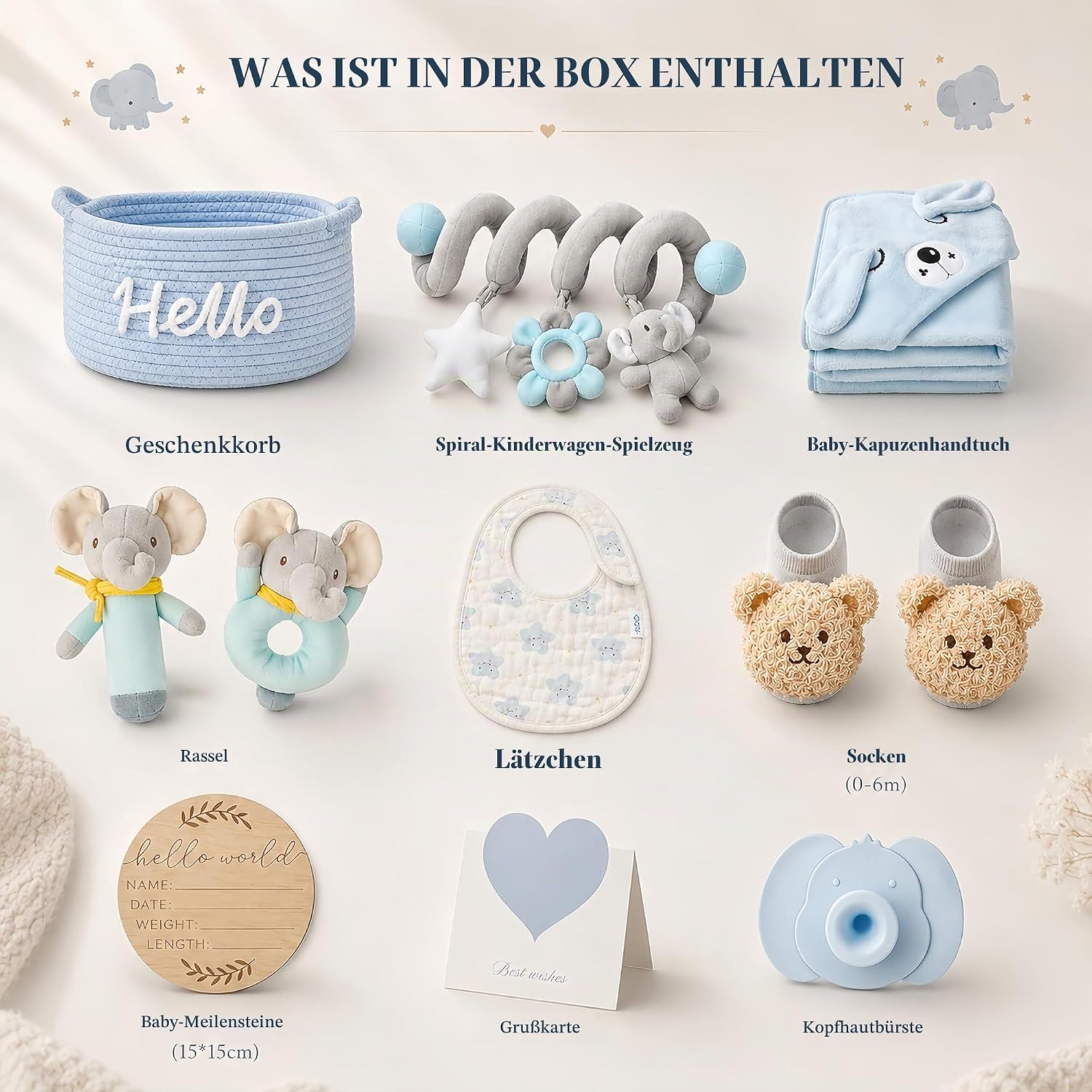 Baby Gift Boys for Birth, 11-Piece Newborn Gift for Boys with Hooded Towel, Rattle, Pram Toy and Storage Basket, Perfect Baby Shower Gift for Boys – Bild 2