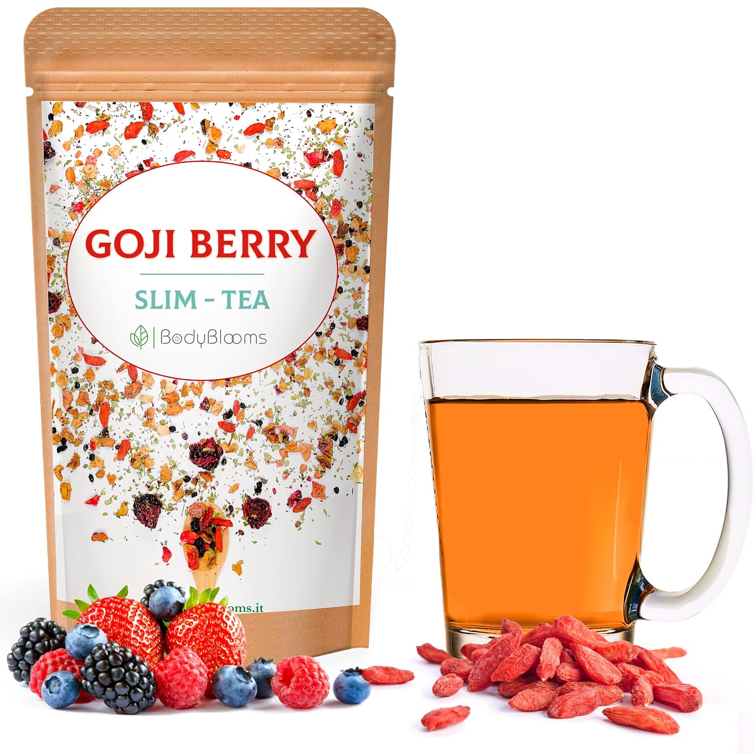 Bodyblooms For slimming tea and detoxification with green tea with blackberries and goji berries. Herbal tea/tea loose with diuretic effect, ideal tea gift. Dewatering tea/removable tea from 100 g