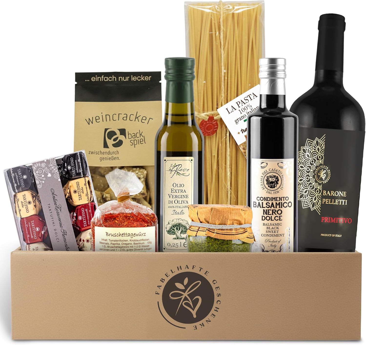 Bella Italia Gift Basket Filled with Red Wine and Italian Delicatessen - Gift Basket with Olive Oil, Aceto Balsamic, Pasta, Pesto, Tartufini, Wine Gift for Men and Women, Pasta Gift Set