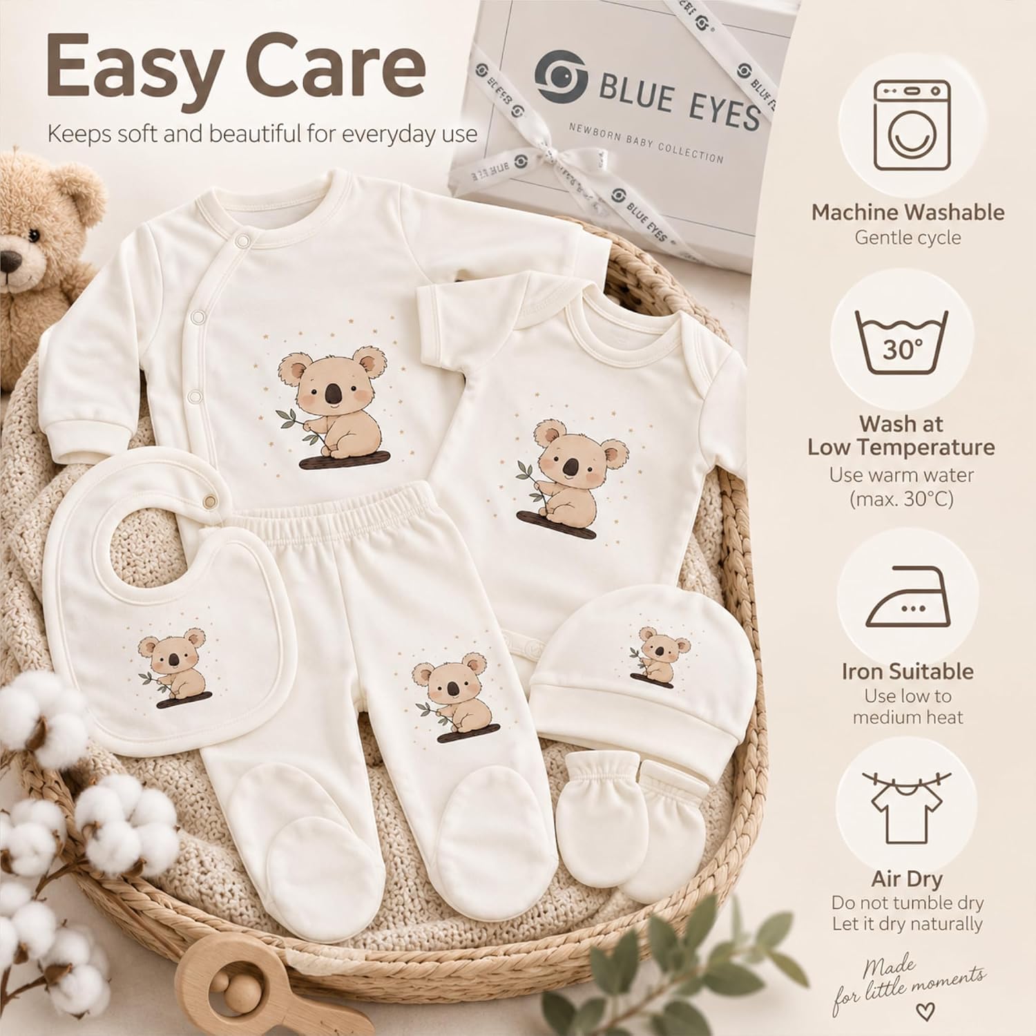 Blue Eyes Baby Gift Set - 6-Piece Newborn Gift Box Set Made of 100% Cotton, Oeko-Tex, Premium First Equipment for Birth 0-4 Months, Unisex for Boys & Girls (Koala) – Bild 7