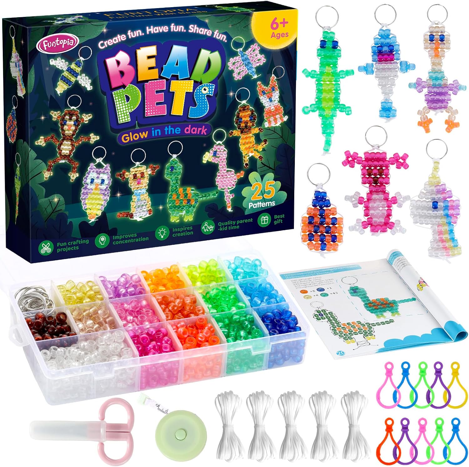 Funtopia Pearl Animals Craft Set for Children, Glow in the Dark Pony Beads