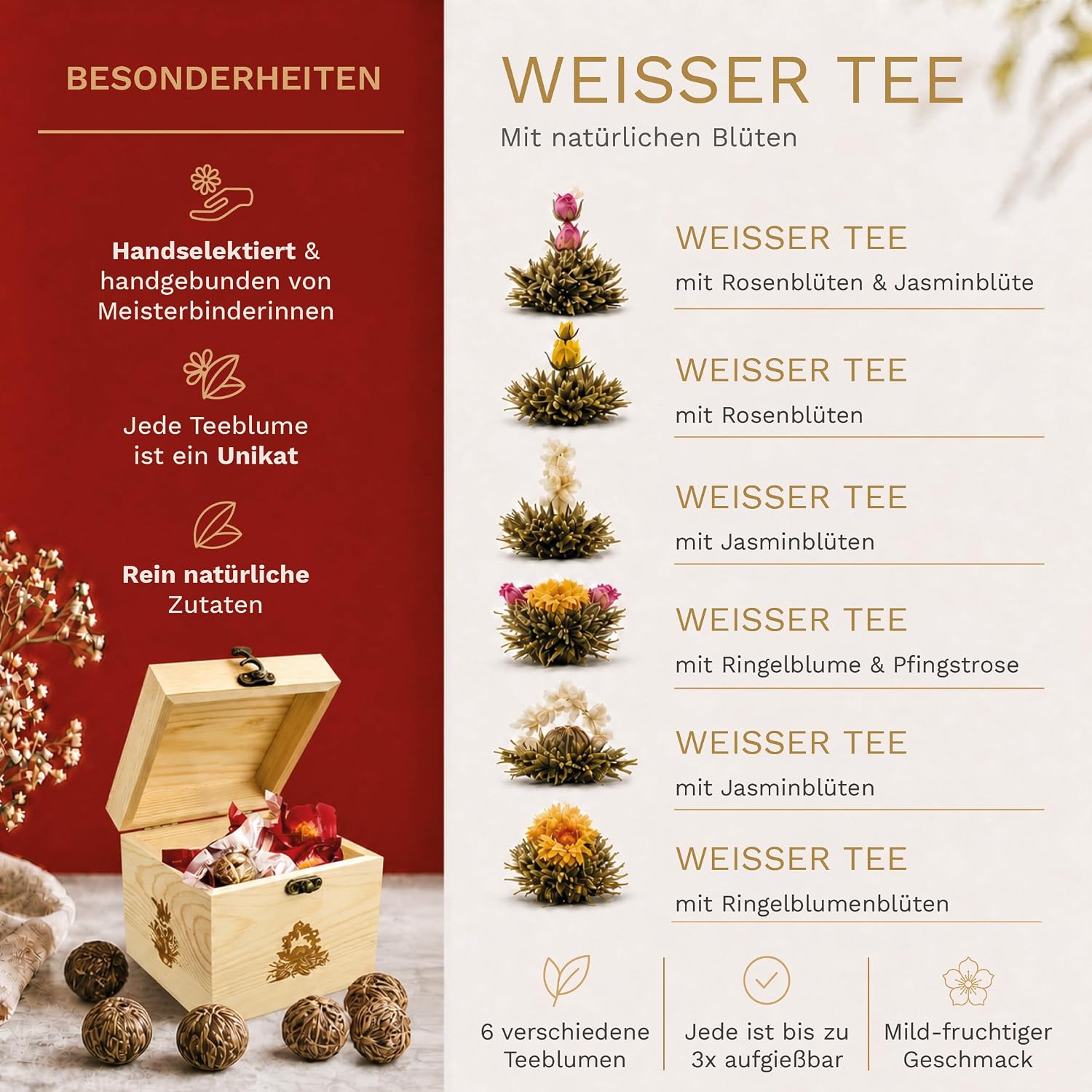 Creano ErblühTee Wooden Decorative Box, Tea Flowers Mix Gift Set with 6 Tea Roses, White Tea in Elegant Tea Box – Bild 3