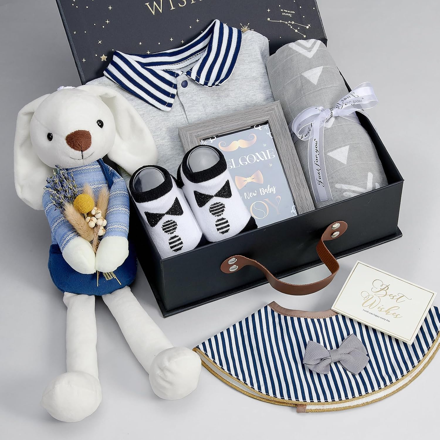 Baby Gift Boys Newborn Gifts for Birth with Baby Romper / Rabbit Cuddly Toy / Bib / Socks / Muslin Blanket Nappy Cake Gift Box Baby Shower Party Gender Reveal Gift – Bild 7