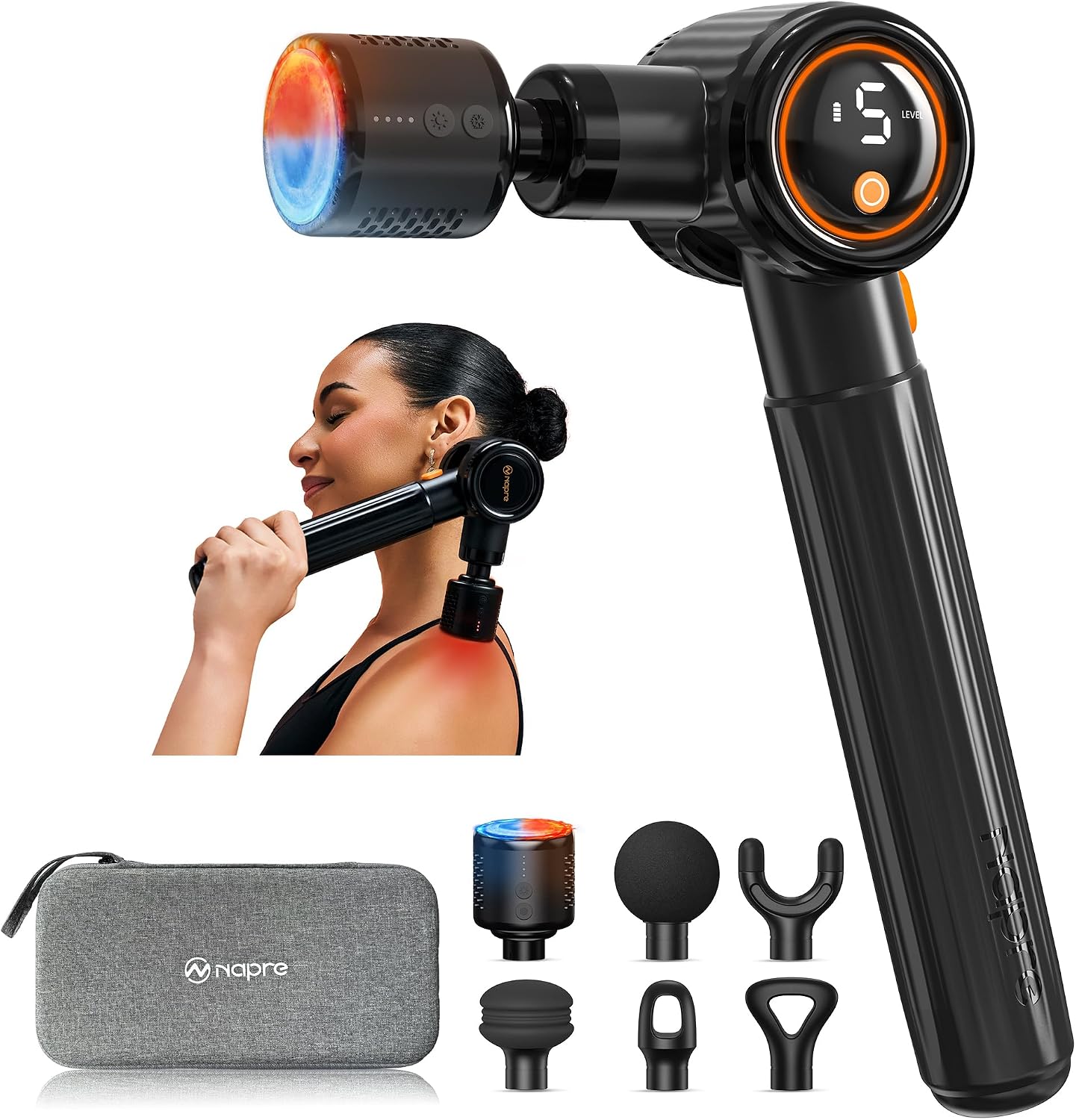 NAPRE Massage Gun with Heat and Cold, Massage Gun with Extension Handle, Adjustable Angles, Muscle Percussion Massager for Back, Neck, Body Relaxation, 6 Heads and Case