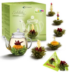 Creano Tea Flowers Gift Set – Blooming Tea with 500 ml Glass Jug & 6 x Green Tea + 1 x Teelini Green Tea Bonus Ball – 8 Pieces