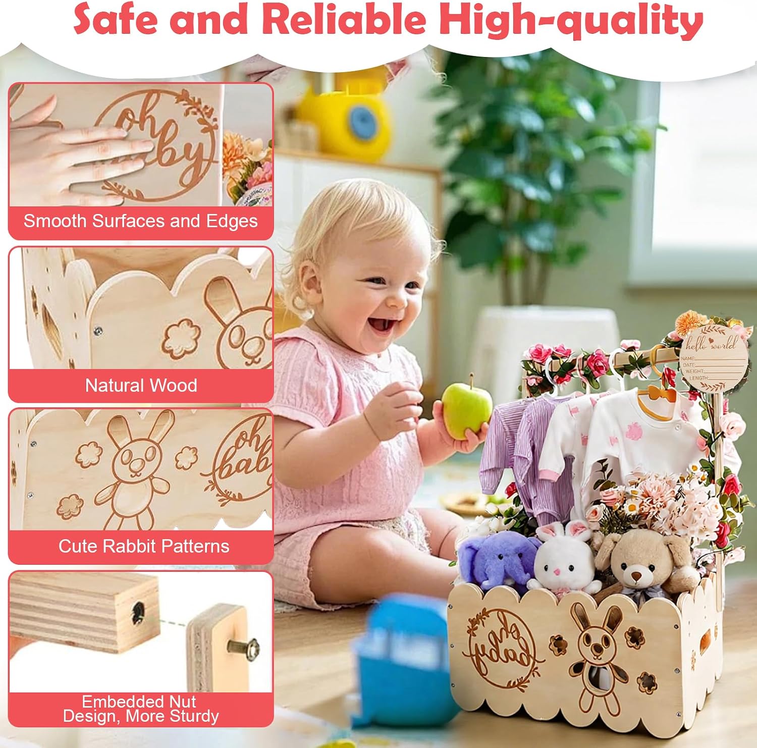 Wooden Baby Gift Basket with Handle - Baby Storage Basket, Baby Shower Cabinet with Name Badges Wood, Garlands Plastic and 4 Children's Clothes Hangers for Newborn Baby Shower New Parents – Bild 3
