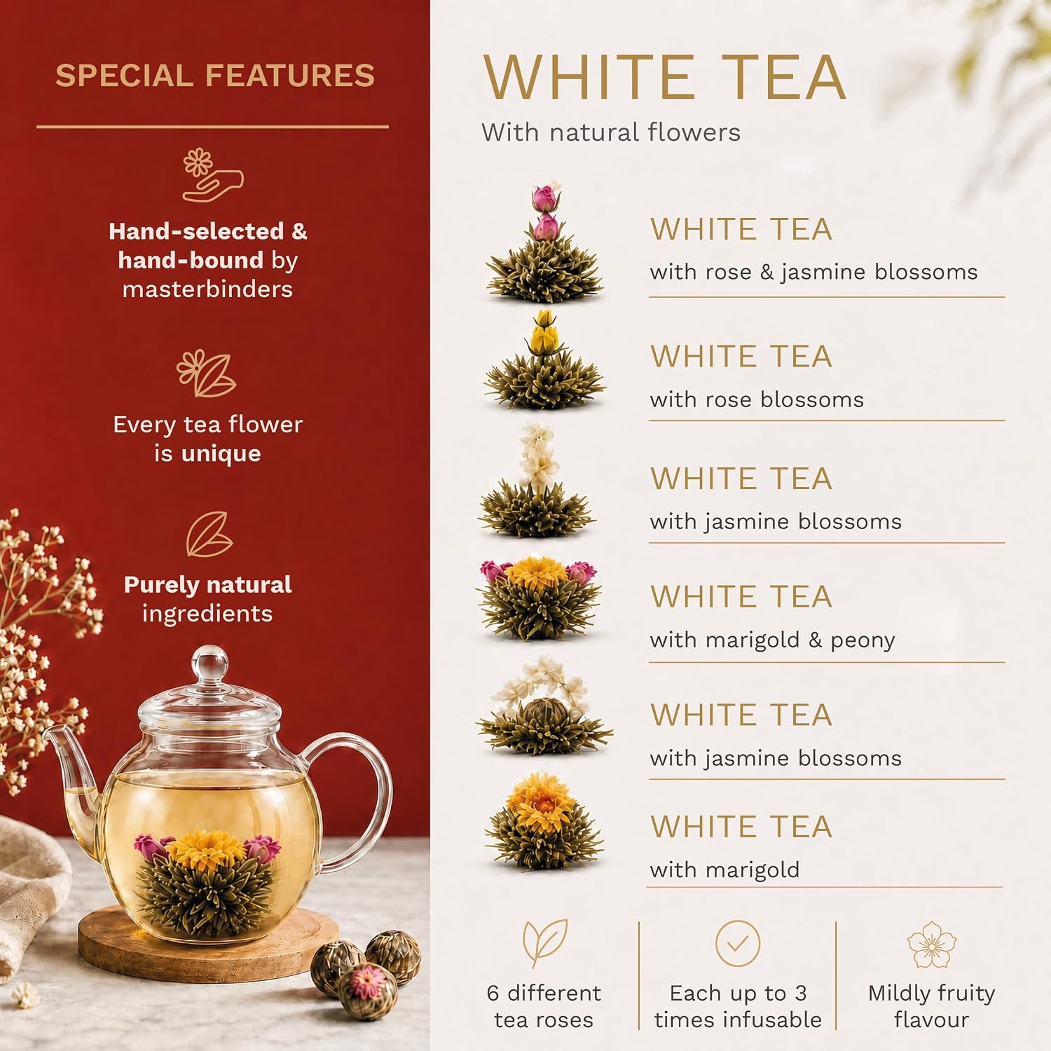 Creano Tea Flowers Gift Set, Blooming Tea with 500 ml Glass Jug and 6 x White Tea, Christmas Gift for Women and Tea Lovers – Bild 3