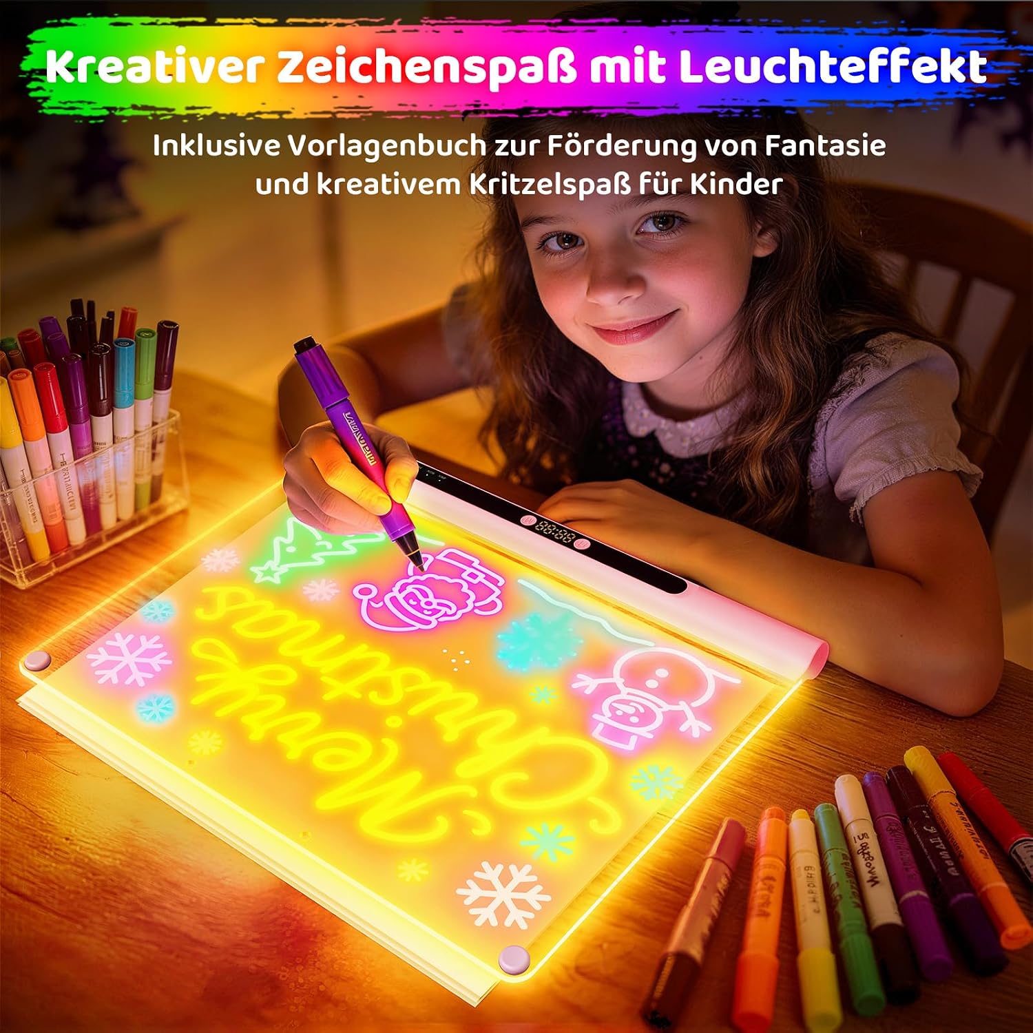 Geokay LED Drawing Board for Children, Rechargeable LED Painting Board 41 cm, 9 Light Modes with Timer & Stand, LED Drawing Board for Girls & Boys, 8 Pens & Template Book, Pink – Bild 3