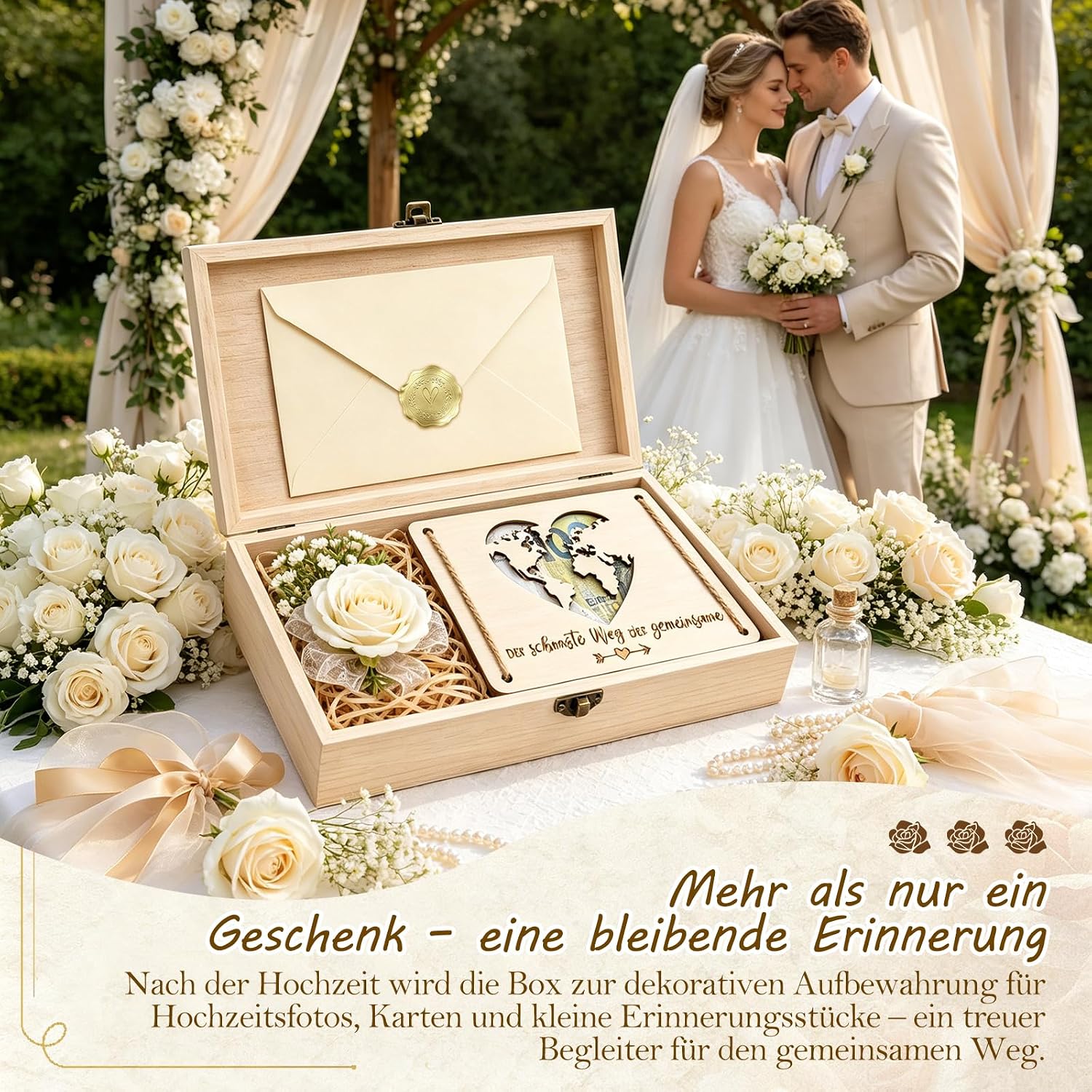 Money Gift Wedding Wooden Box Large Wedding Gift for Bride and Groom Gift Box with Card, Money Clip & Dried Flowers - For Wedding For Your Way Together – Bild 7