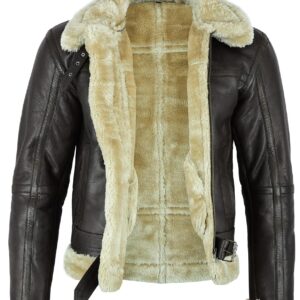 Leatherick Men’s Brown Aviator Genuine Goatskin Shearling Style Vintage Bomber Flight Jacket