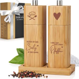 ELBFUCHS Salt and Pepper Mill Wooden Large [Perfect Gift Idea] Loving Set of 2 Pepper and Salt Mill with Ceramic Grinder Ideal for Wooden Wedding Gift Housewarming Bridal Night