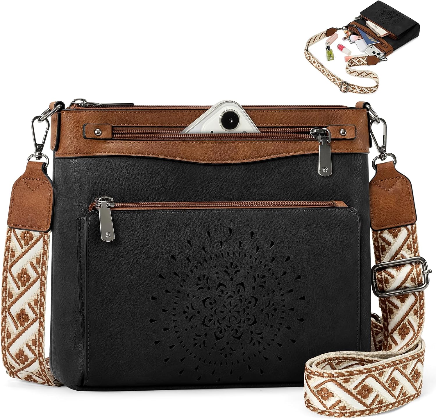 RAINSMORE Women's Medium Crossbody Bag with Card Slots, black/brown, Retro