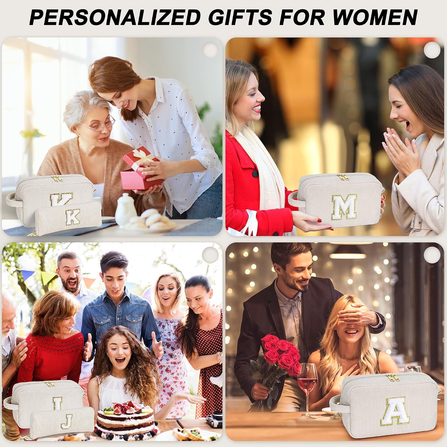Parima Gifts for Women - Personalised Cosmetic Bag Cord Makeup Bag Women's Personalised Gifts Birthday Gift for Women Girls Girlfriend Beige Cosmetic Bag with Letter M – Bild 7