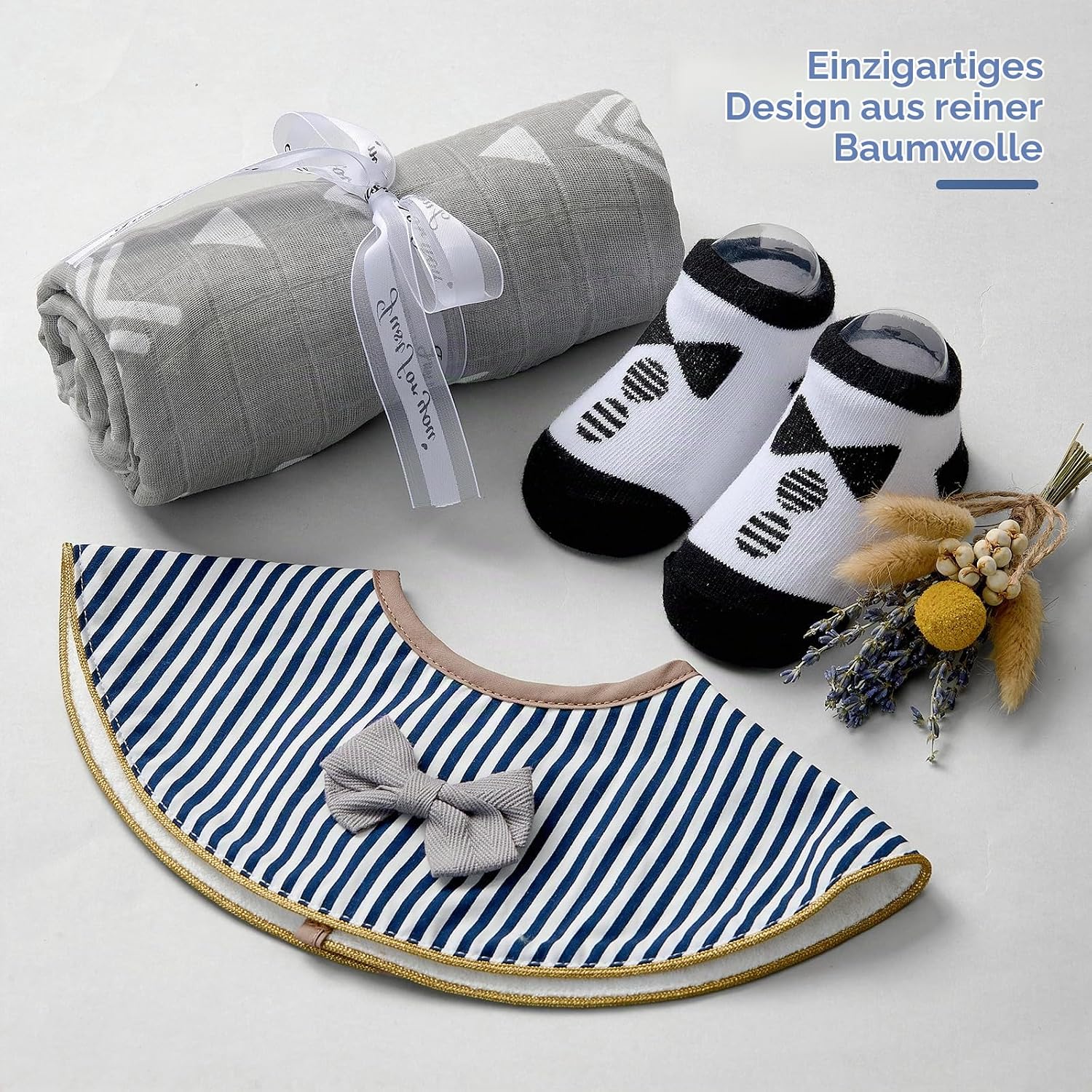 Baby Gift Boys Newborn Gifts for Birth with Baby Romper / Rabbit Cuddly Toy / Bib / Socks / Muslin Blanket Nappy Cake Gift Box Baby Shower Party Gender Reveal Gift – Bild 3