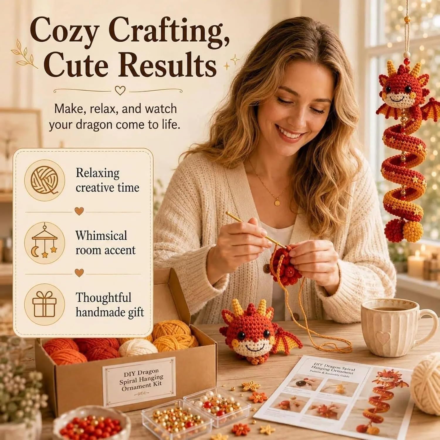 DIY Crochet Set Crochet Yarn Dragon Spiral Hanging Craft Set Beginners Handmade Pendant Crochet Kit with Spiral Dragon Design Creative Crochet Decoration for Christmas Tree Decoration Home Decoration – Bild 6