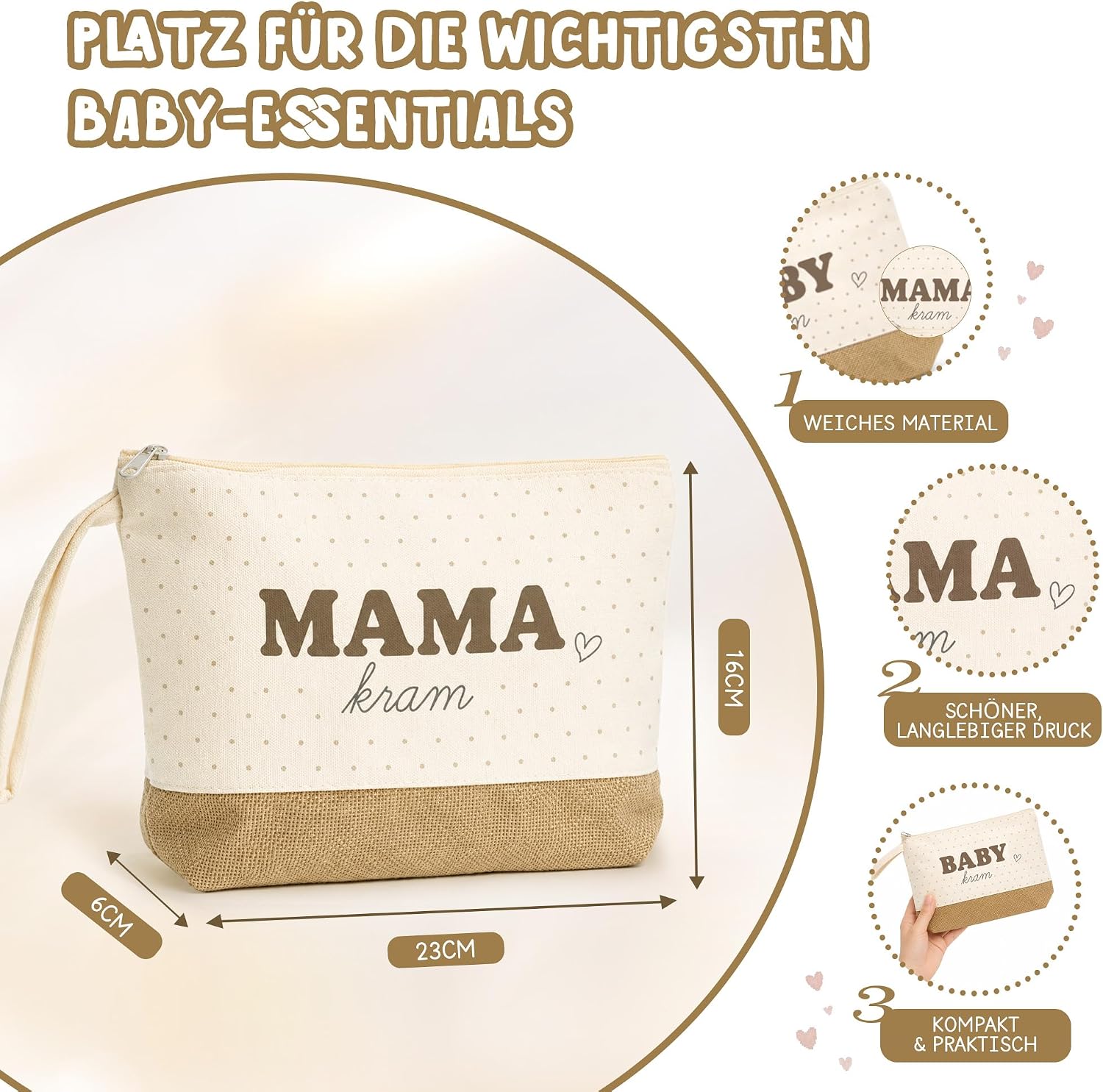 Pack of 2 Mum Gift with Zip - For Expecting Mums - Mama Kram Baby Kram - Birth or Baby Shower Gift - Changing Bag for Baby, Polka Dot, targbar – Bild 3