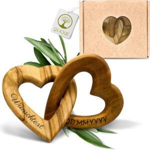 Personalised Wooden Hearts, Olive Wood - Connected Wooden Hearts with Engraving as an Individual Gift for Wedding, Anniversary or Engagement (8 cm)
