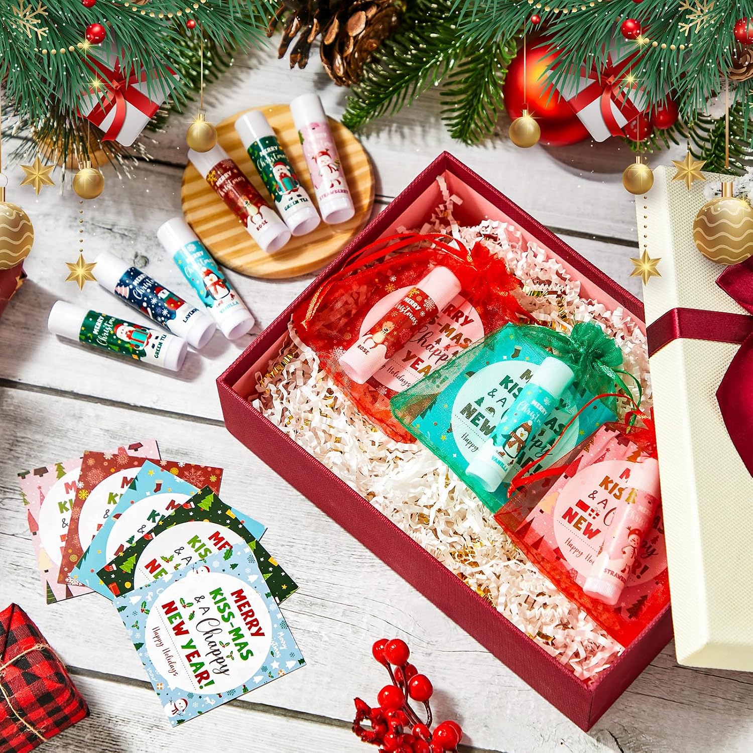 Queekay 24 Sets Christmas Lip Balm with Christmas Cards Organza Bags Advent Calendar 2025 Women Customer Gift Filling Small Gifts for Colleagues Employees Friends Family – Bild 5