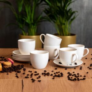 LIVELLO Amalfi Coffee Cups Set of 6, 12 Pieces – 6 Porcelain Coffee Cups with Saucers 250 ml, Large Coffee & Cappuccino Cups, Classic White, Elegant Coffee Service