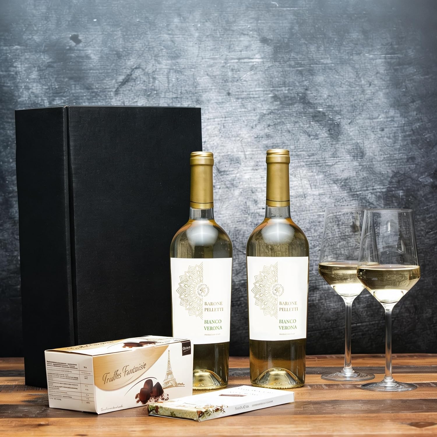 Gift Set 2 x White Wine from Italy (Bianco di Verona Barone Pelletti IGT) with Chocolate Truffles and Dark Chocolate, for Men and Women for Birthday, Wedding, Christmas – Bild 4