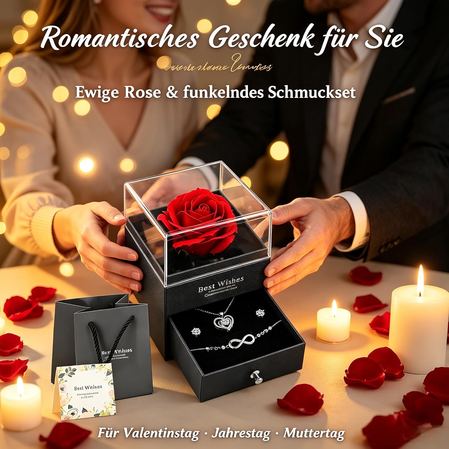 Eternal Rose Jewellery Set, Heart Silver Chain Earrings Bracelets Gift Box with Greeting Card & Gift Bag, Surprise & Much Love, Mother's Day, Valentine's Day, Birthday, Unforgettable Gift for Women – Bild 6
