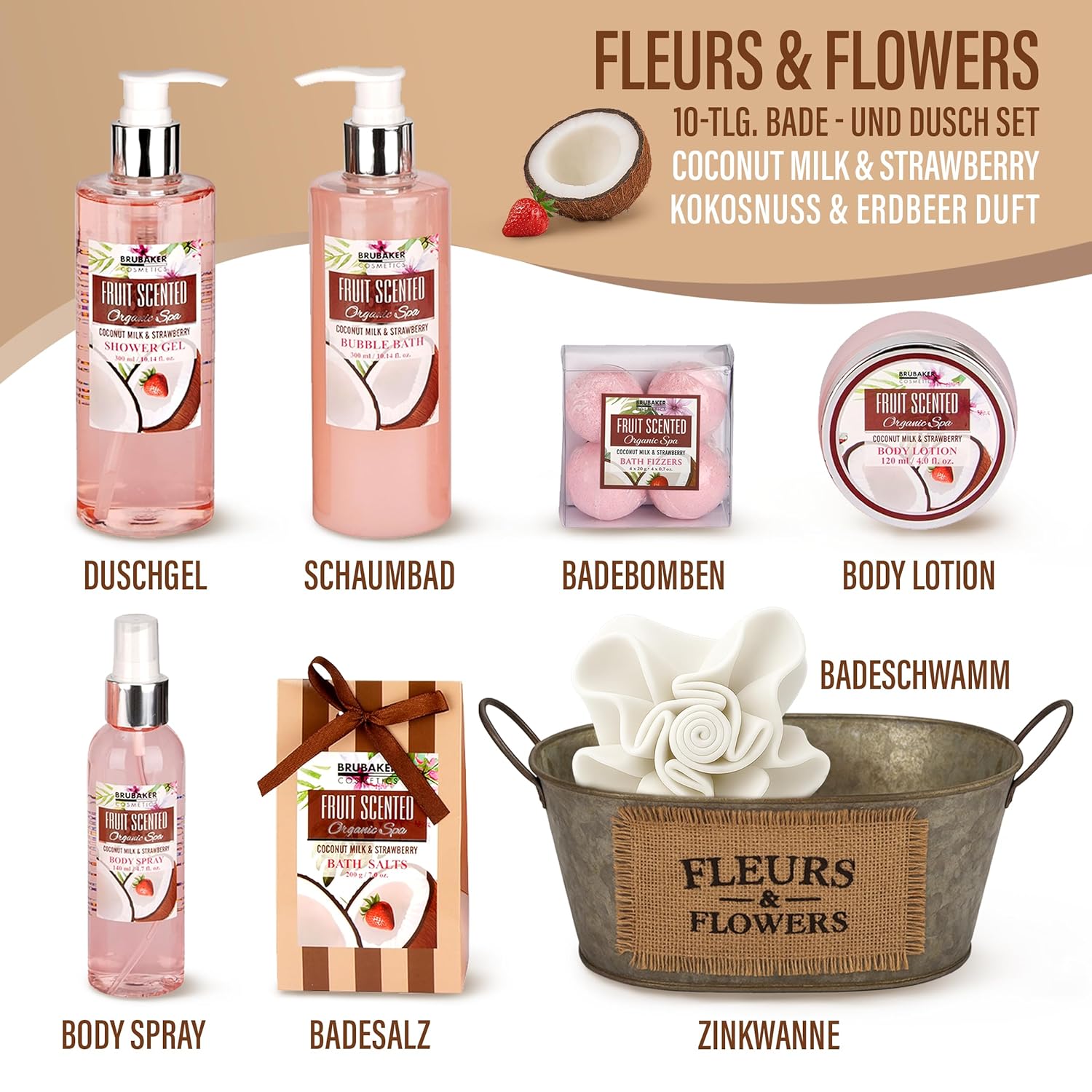 Brubaker Cosmetics Bath and Shower Set Coconut and Strawberry Fragrance 10 Piece Gift Set in Vintage Tub – Bild 4