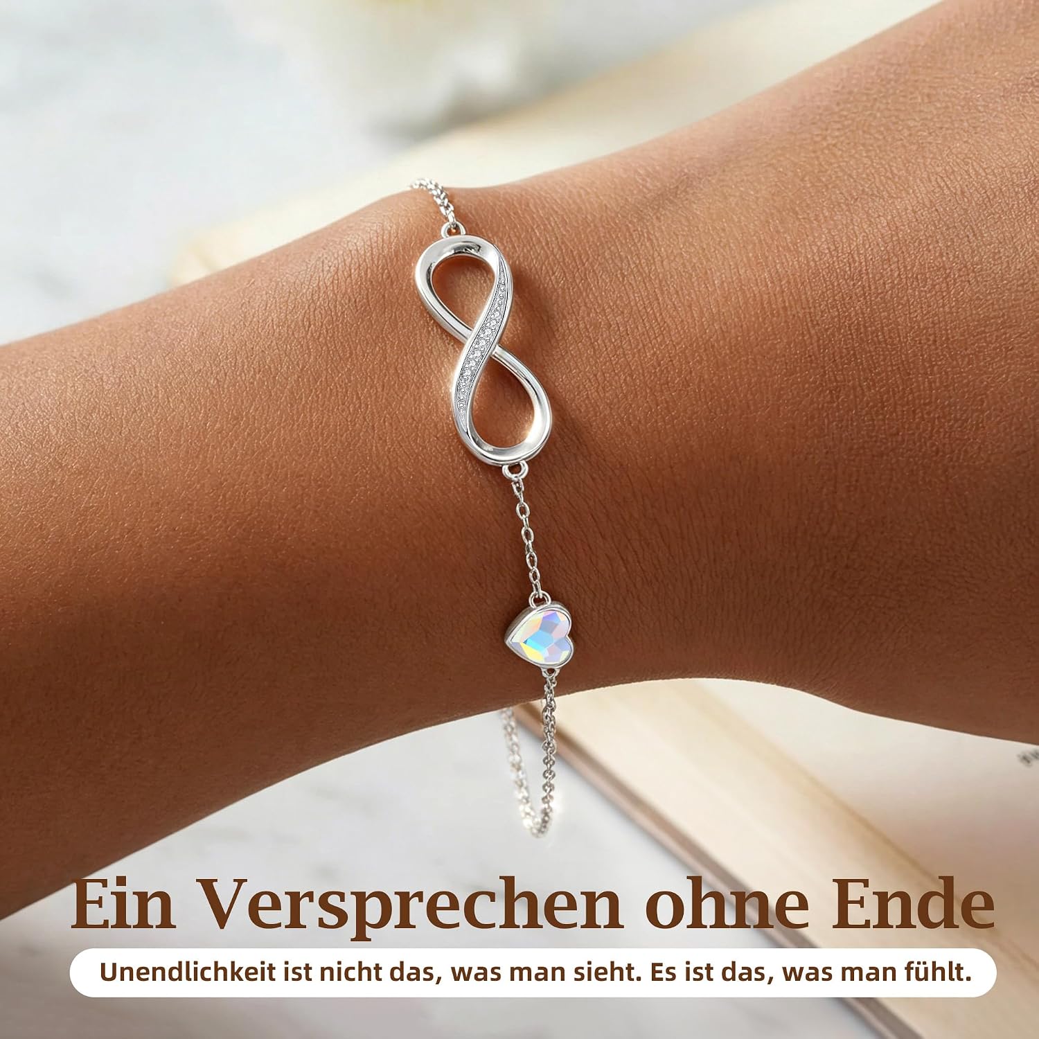 Women's Infinity Bracelet, 925 Sterling Silver/Rose Gold, Heart Bracelet, Crystals, Adjustable, Valentine's Day, Mother's Day, Birthday, Christmas Gift for Her, for Girlfriend, Mum – Bild 2