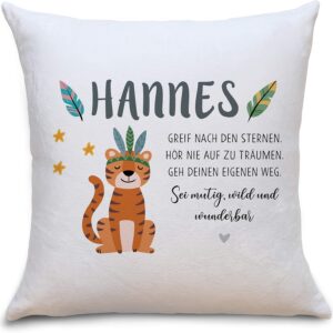 OWLBOOK Tiger Boho Fluffy Cushion with Filling Personalised with Name Gifts Gift Ideas for Brother Birthday Birth Baby Boys