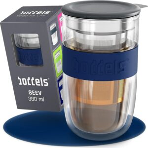 Glass Mug 380ml – Tea Mug with Strainer, Double Walled, Tea Cup, Ceramic Lid, Thermal Glass Coffee Glass (Midnight Blue)