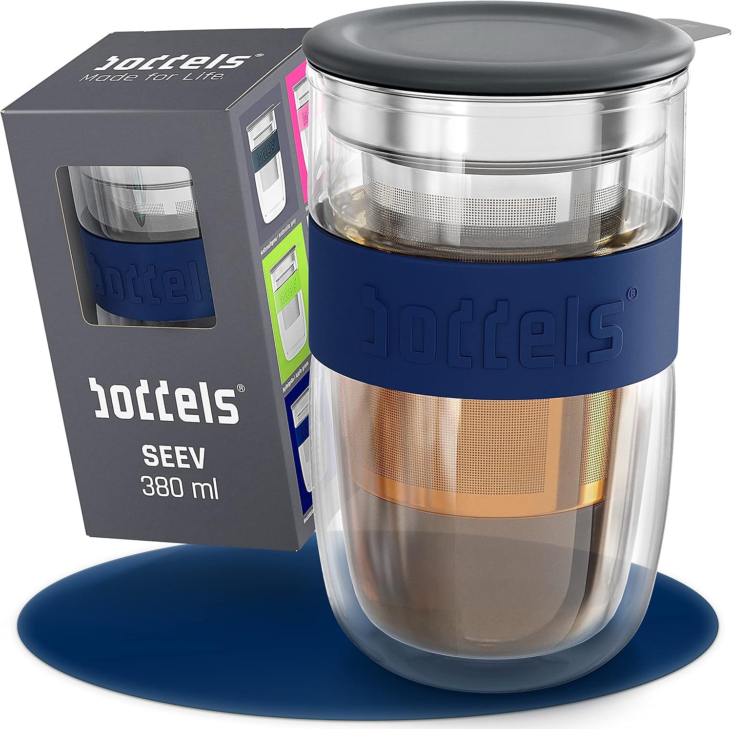 Glass Mug 380ml - Tea Mug with Strainer, Double Walled, Tea Cup, Ceramic Lid, Thermal Glass Coffee Glass (Midnight Blue)