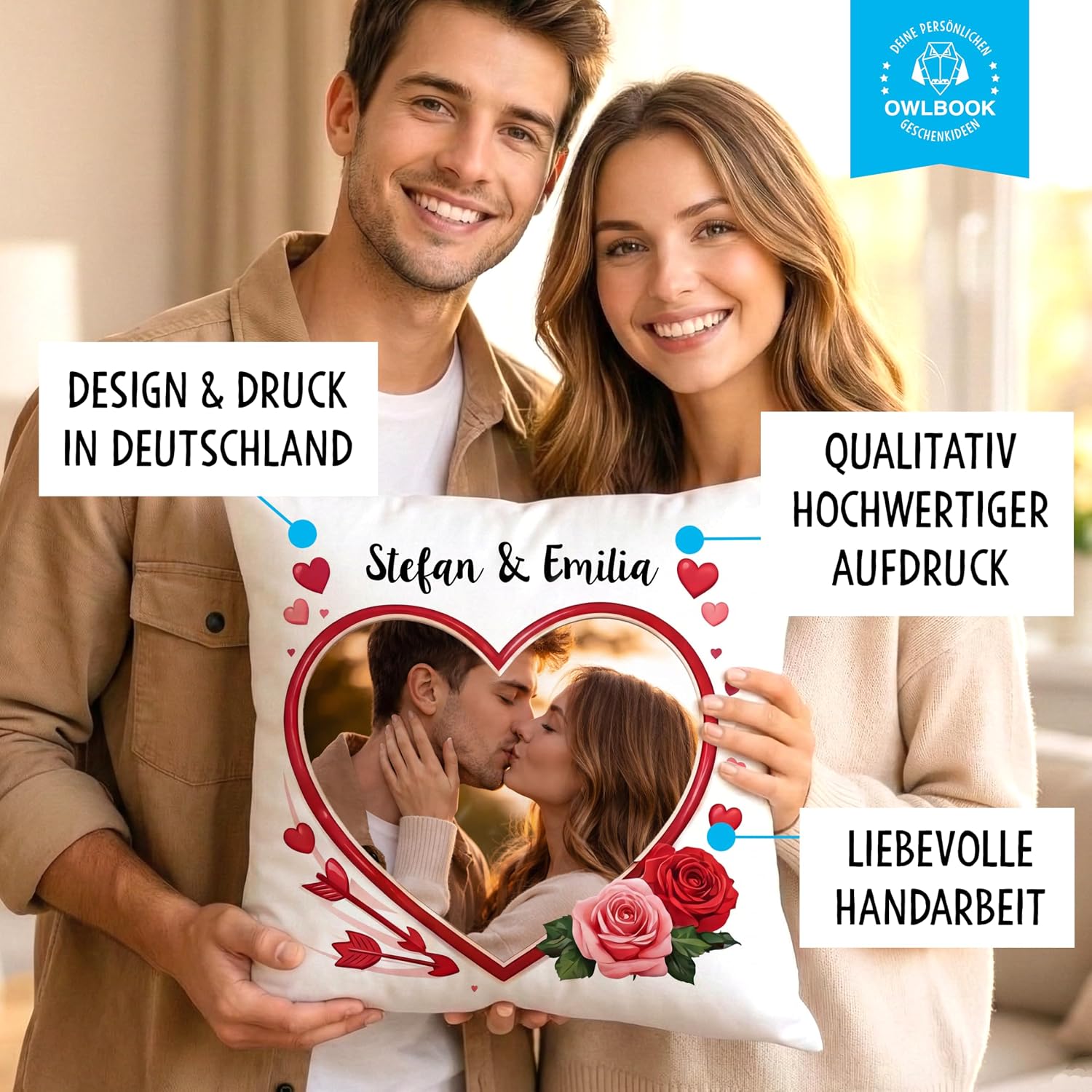 OWLBOOK Design Your Own Photo Cushion - Personalised Partner Couples for Anniversary Birthday - Photo Cushion 40 x 40 cm - Cushion with Photo Print – Bild 2