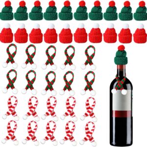 HFMYGS Pack of 40 Mini Christmas Hat and Scarf Set, Finger Small Santa Hats, Mini Knitted Hats for Christmas Party Decoration, Wine Bottle Cover, Bottle Decoration and Table Decoration