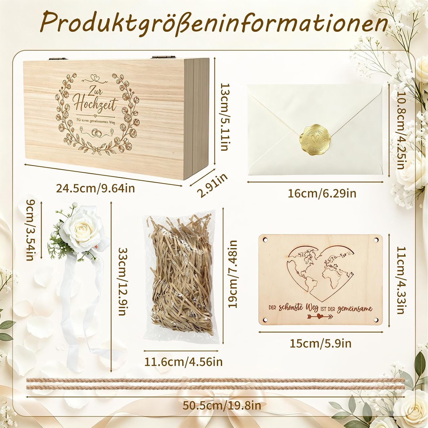 Money Gift Wedding Wooden Box Large Wedding Gift for Bride and Groom Gift Box with Card, Money Clip & Dried Flowers - For Wedding For Your Way Together – Bild 2