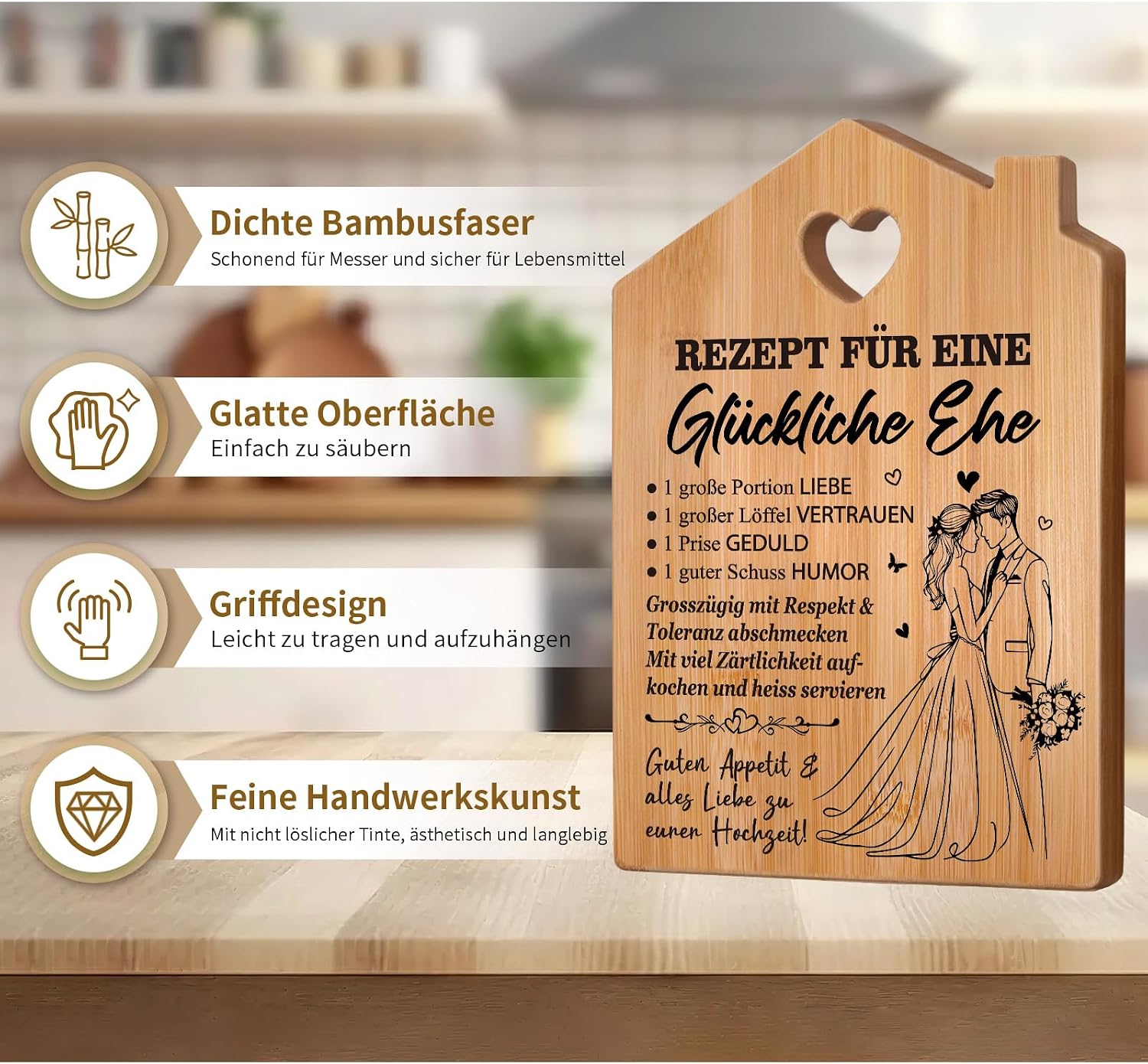 Wedding Gifts for Bride and Groom - Bamboo Chopping Board with Saying, Wedding Gift, Recipe for a Happy Marriage – Bild 4