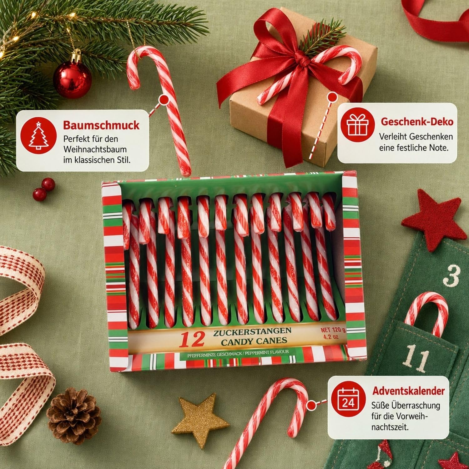 MC-Trend Candy Canes Pack of 12 - Edible Christmas Decorations with Peppermint Flavour, Ideal as Tree Decorations and Festive Candy for Christmas (Set of 12) – Bild 2