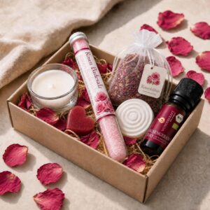 Wellness Gift Set for Women with Organic Rose Geranium Oil, Rose Petals, Bath Salt & Fragrance Stone, Wellness Set for Girlfriend, Gift Set & Relaxation Set