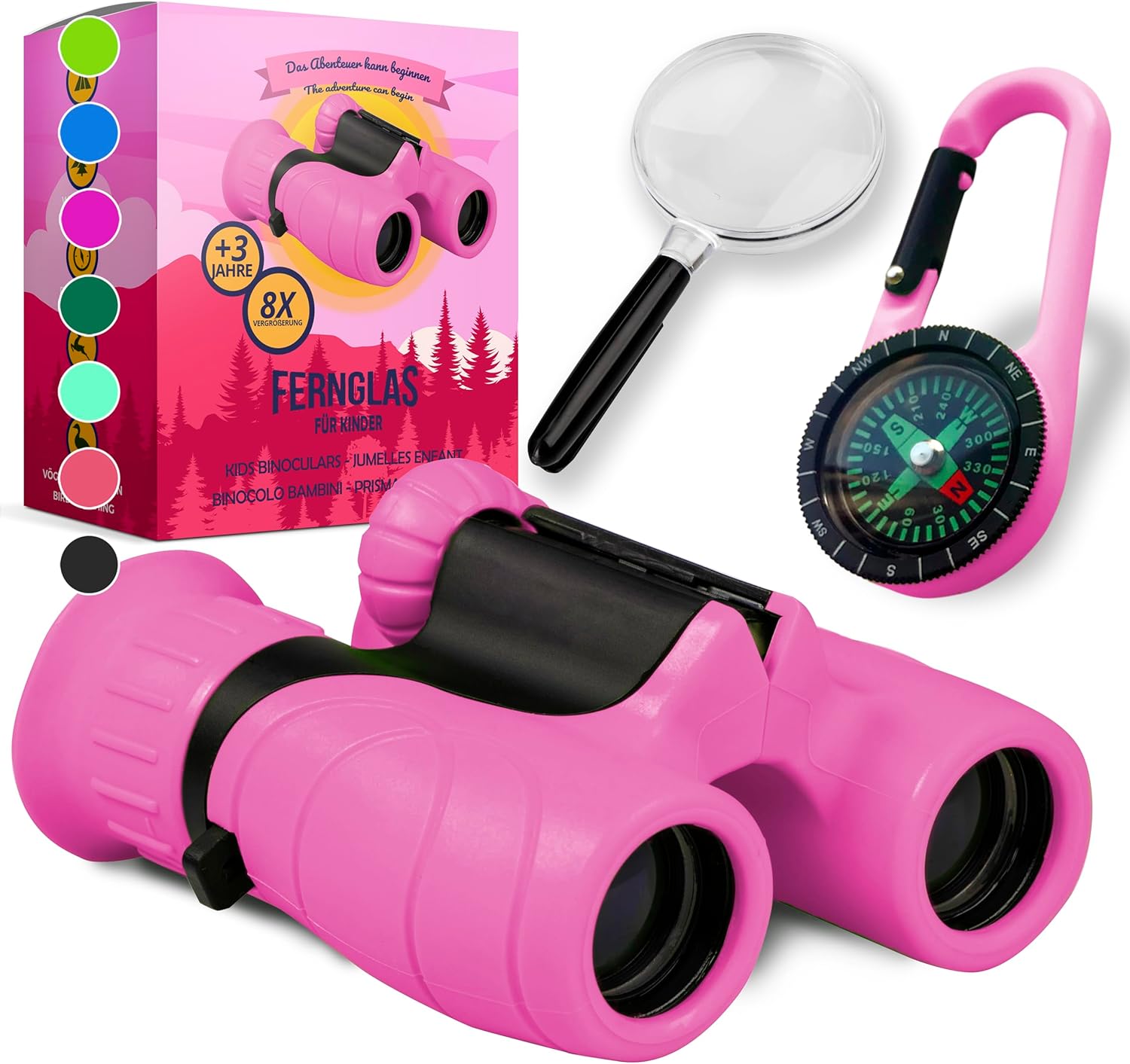 Binoculars for Kids - Gift for Little Boys and Girls for Christmas - Strong Magnification 8 x 21 - Large Set Including Magnifier & Compass - Toy for 3-12 Years