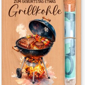 Money Gift BBQ Wooden Birthday Funny Gifts for Men, Barbecue Gifts for Men, Packaging Charcoal Motif Gift Idea Dad Friend Colleague Barbecue Set with Test Tube Box