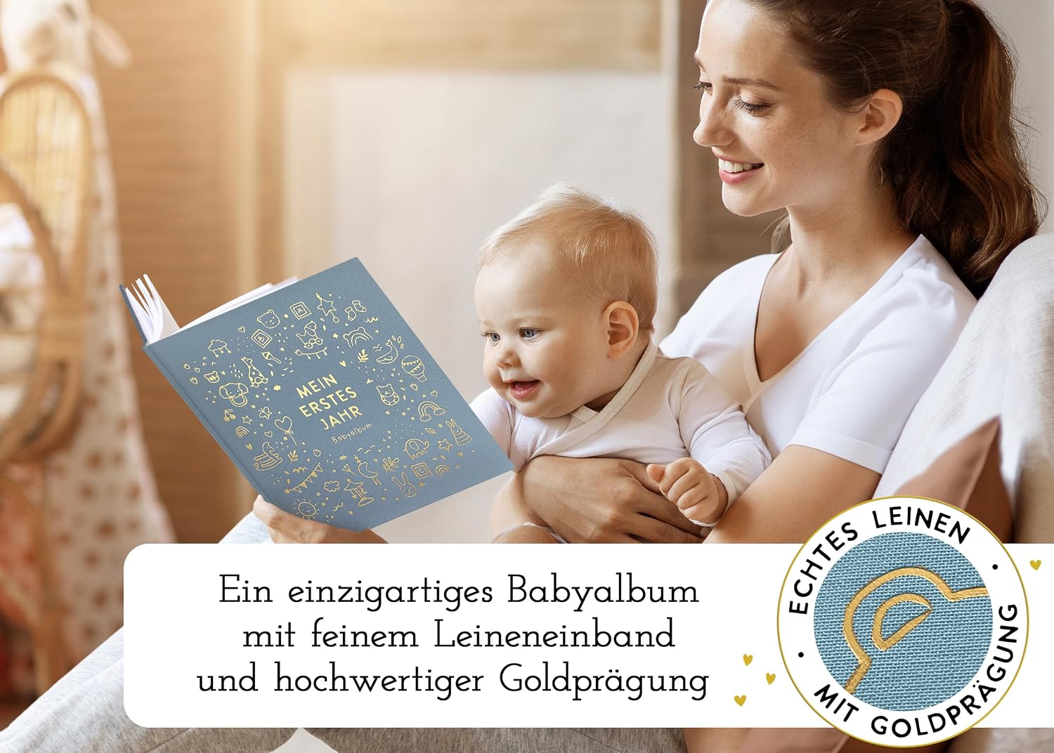 My First Year Baby Album - High-Quality Linen Book with Gold Embossing for the Most Beautiful Memories - Baby Book to Enter for the First Year of Life - Baby Gift for Birth (Toy Blue) – Bild 2