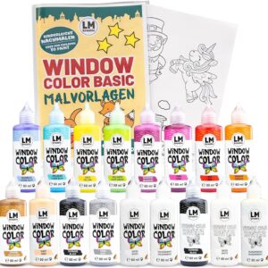 LM Window Colour Set (17 x 80 ml Basic Including Contour Paint & Painting Templates) – Removable Window Paint/Sticker Paint Water-based for Smooth Surfaces such as Glass, Mirrors and Tiles