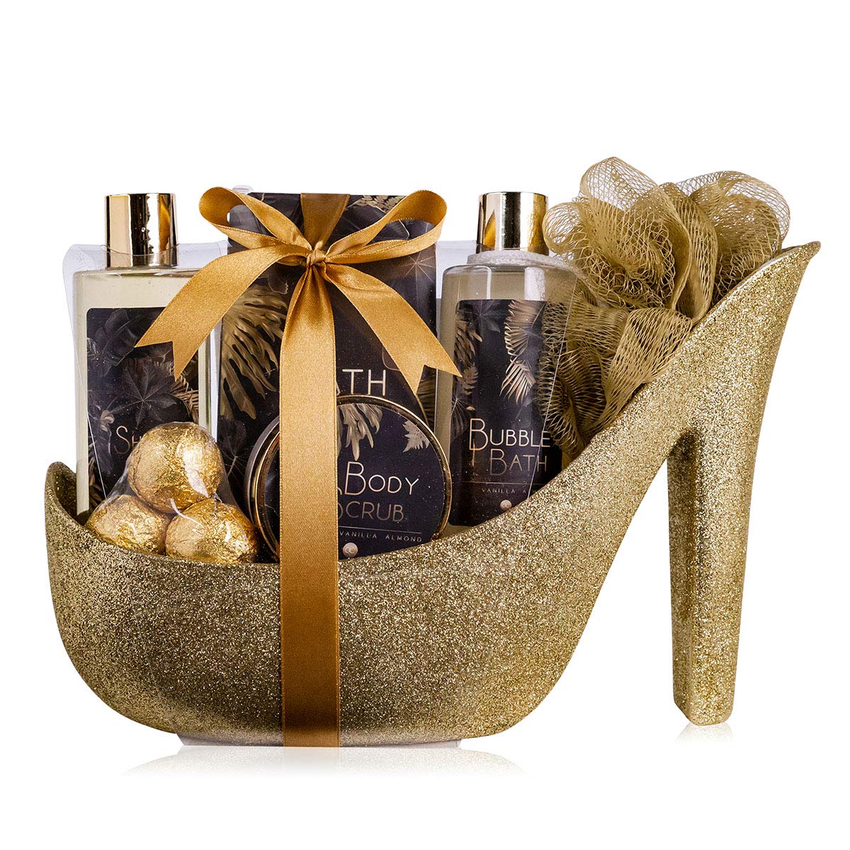 Accentra Luxury Bath Set in Glitter Pump in Gold with Vanilla Almond