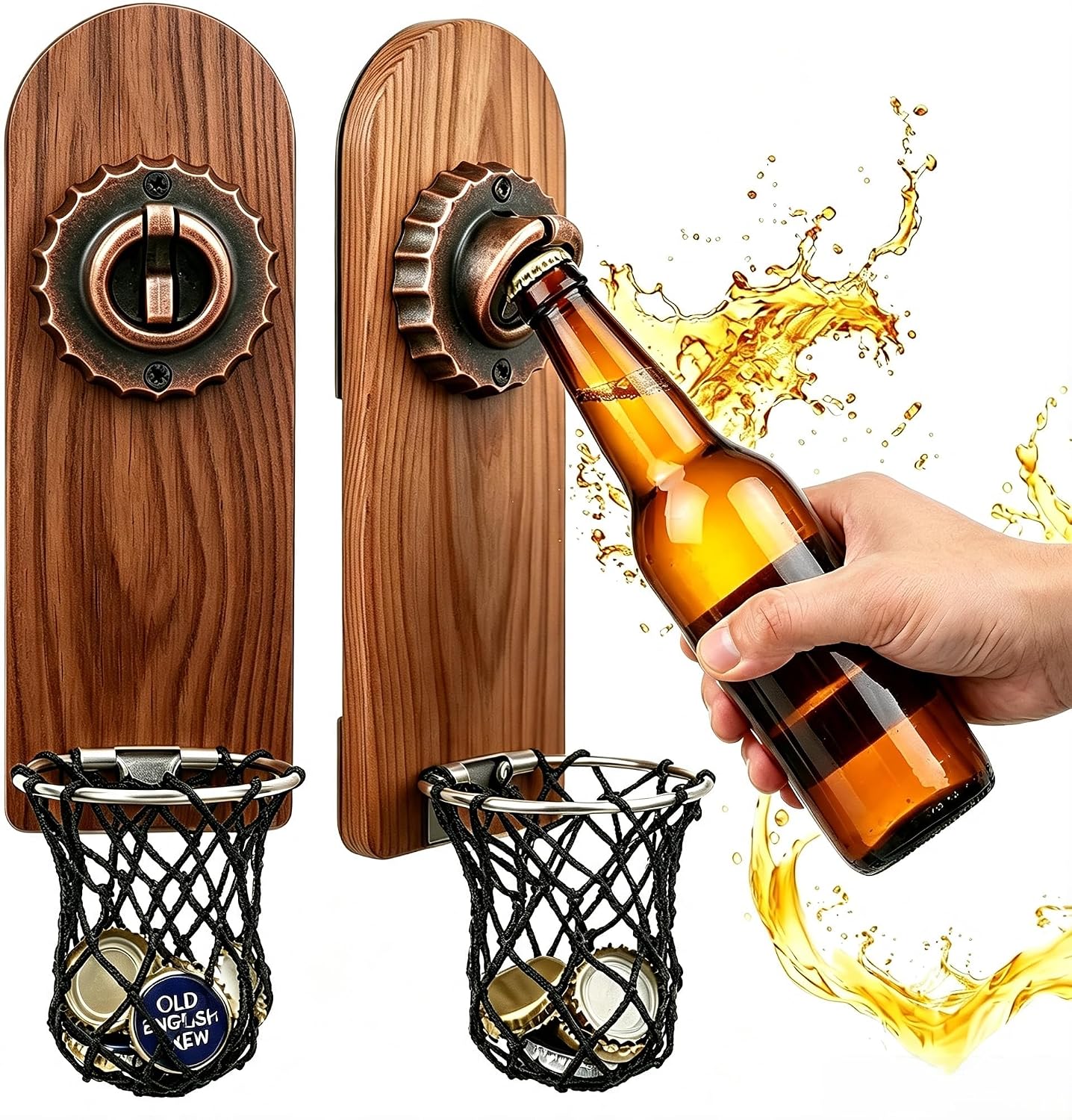 Vintage Wooden Beer Opener - Magnetic Wall with Collection Container
