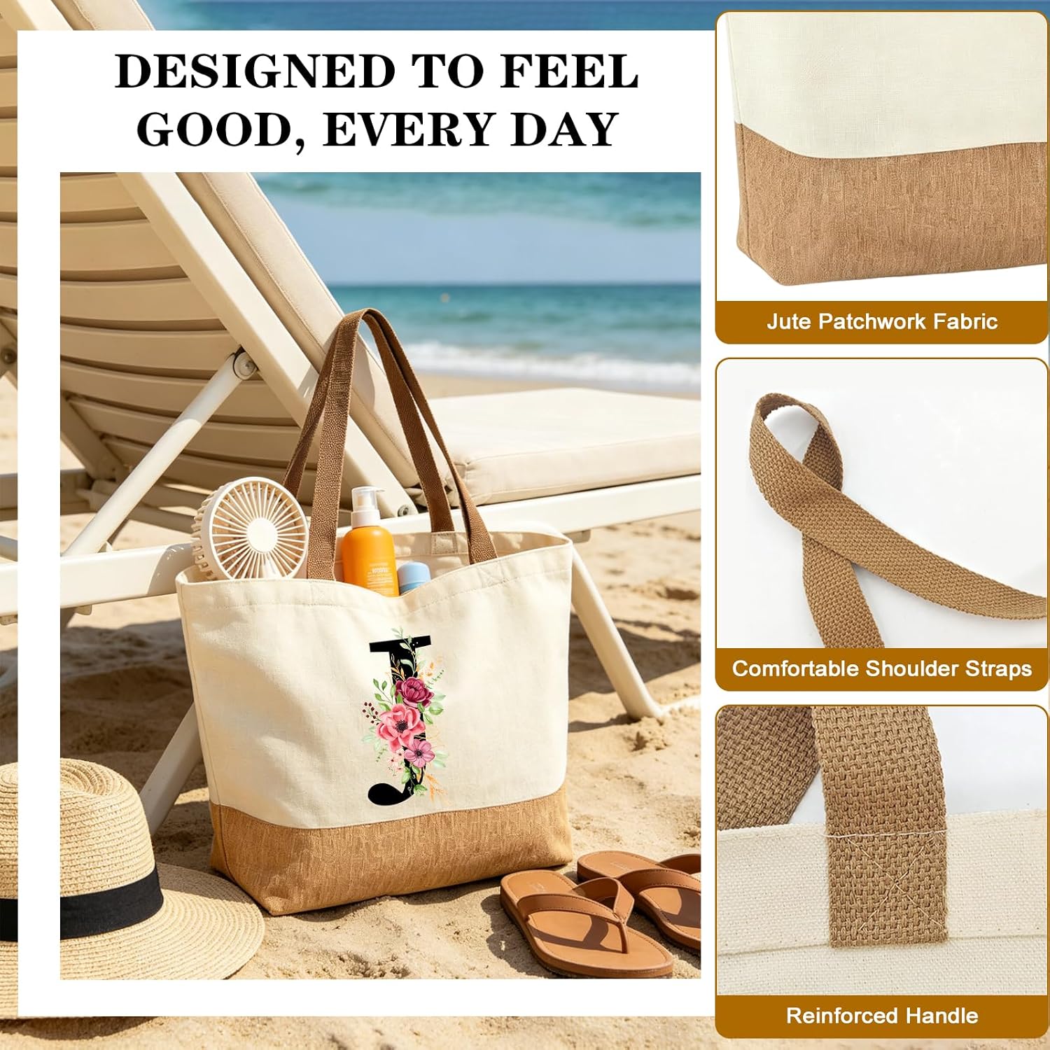 Personalised Initials Jute Bag for Women, Large Beach Bag with Letter and Flowers, Jute Shopper Bag, Women's Fabric Bag, Gifts for Women, Mum, Colleague, Girlfriend for Birthday, Wedding – Bild 5
