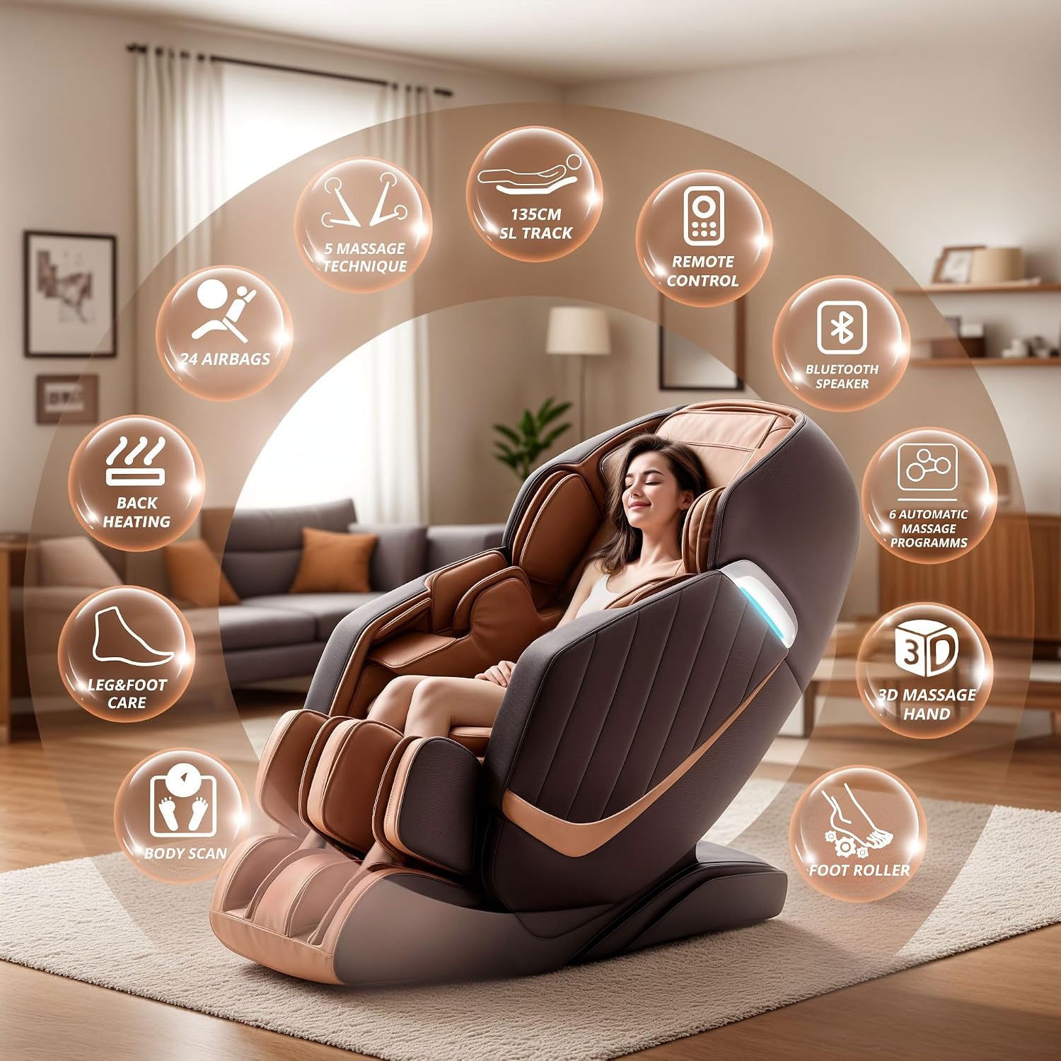 HealthRelife 3D Massage Chair with 24 Air Cushions 135 cm SL Rail Brown – Bild 2
