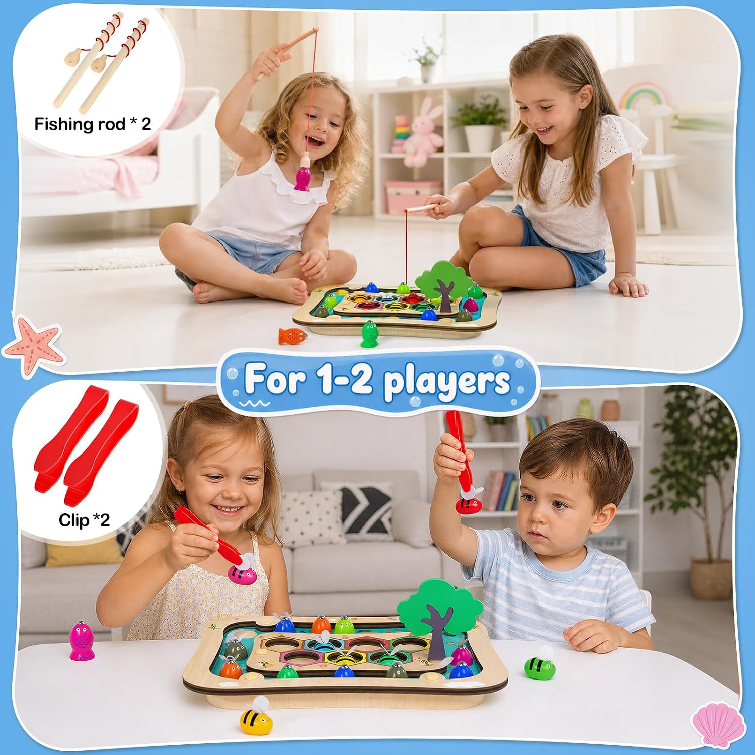 Montessori Toy from 3 Years, 2 in 1 Wooden Magnetic Fishing Game – Bild 6