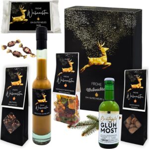 Gift Set "Gold Deer" - Gift Set of 3 with Gingerbread Cream Liquor, Mulled Must, Almonds, Fruit Gummies, Tea & Waffles - Genusswelten Kasberger Christmas Present (3 with Liquor)