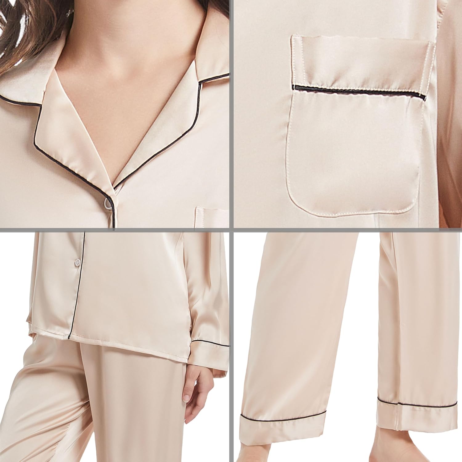 Women's Long Sleeve Pyjamas Satin Pyjama Set Sleepwear with Button Placket Women's Winter Leisure Suit with Turn-Down Collar – Bild 6