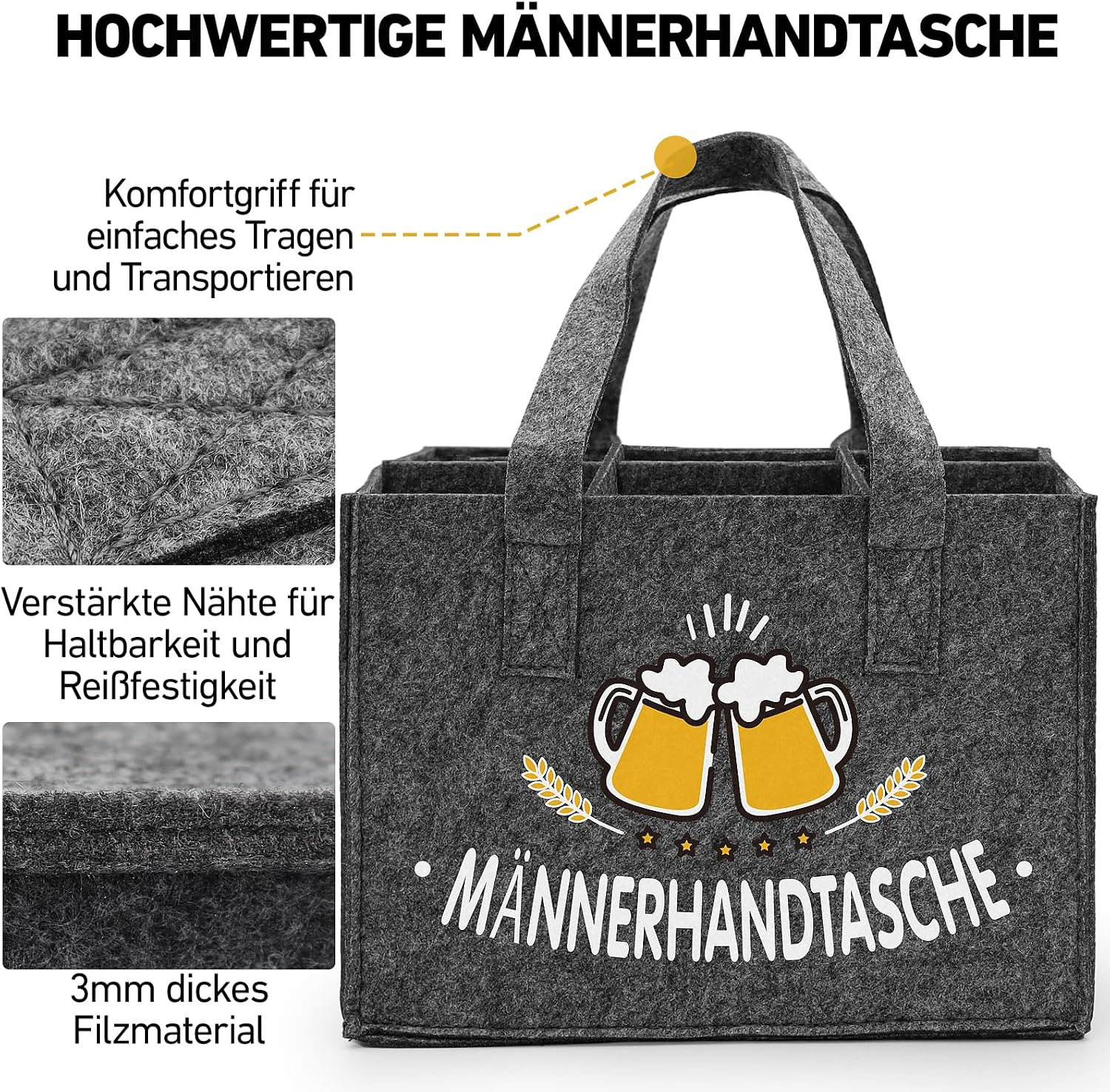 Bottle Carrier 6 Bottles Felt Beer Men's Handbag with Opener, Grey – Bild 4
